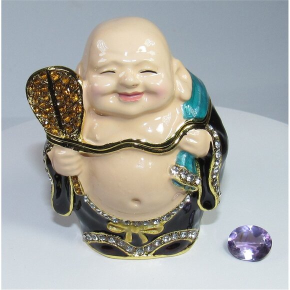 Money Buddha Trinket Box, Austrian Crystal + Natural Amethyst Gem Handcrafted - Picture 1 of 10